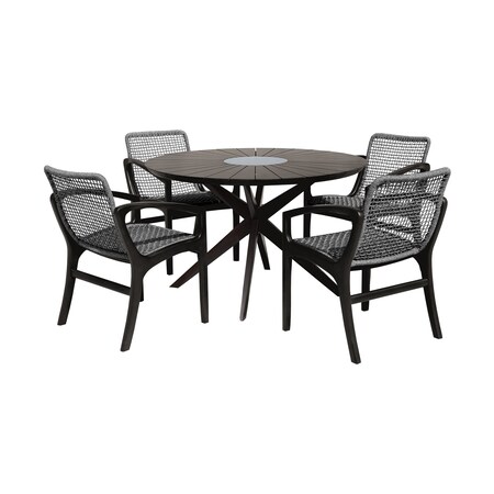 Armen Living Sachi and Brighton 5 Piece Dining Set in Dark Eucalyptus Wood with Gray Rope 840254332409